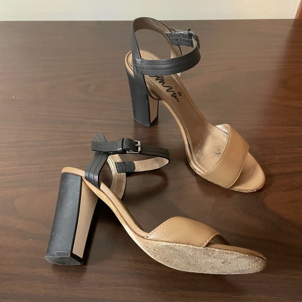 Lanvin Two-Tone Tan and Black Block Heel Sandals
